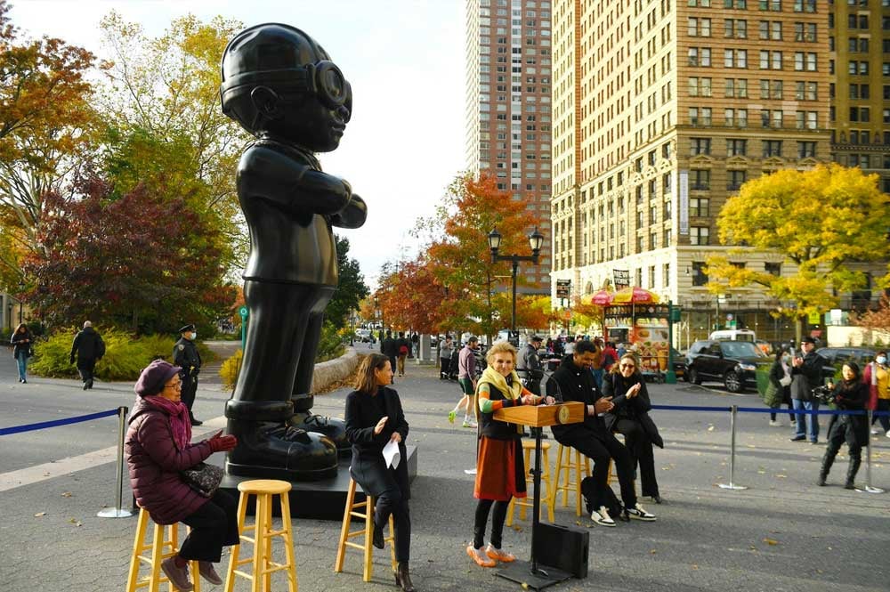 Hebru Brantley's Flyboy Sculpture: "The Great Debate" in Battery Park, NYC