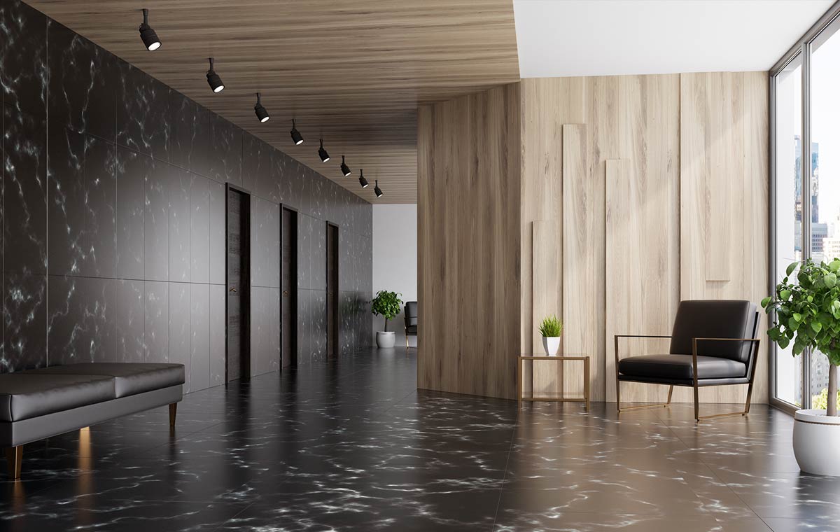 An innovative, textured wall elevator lobby design for a corporate office interior