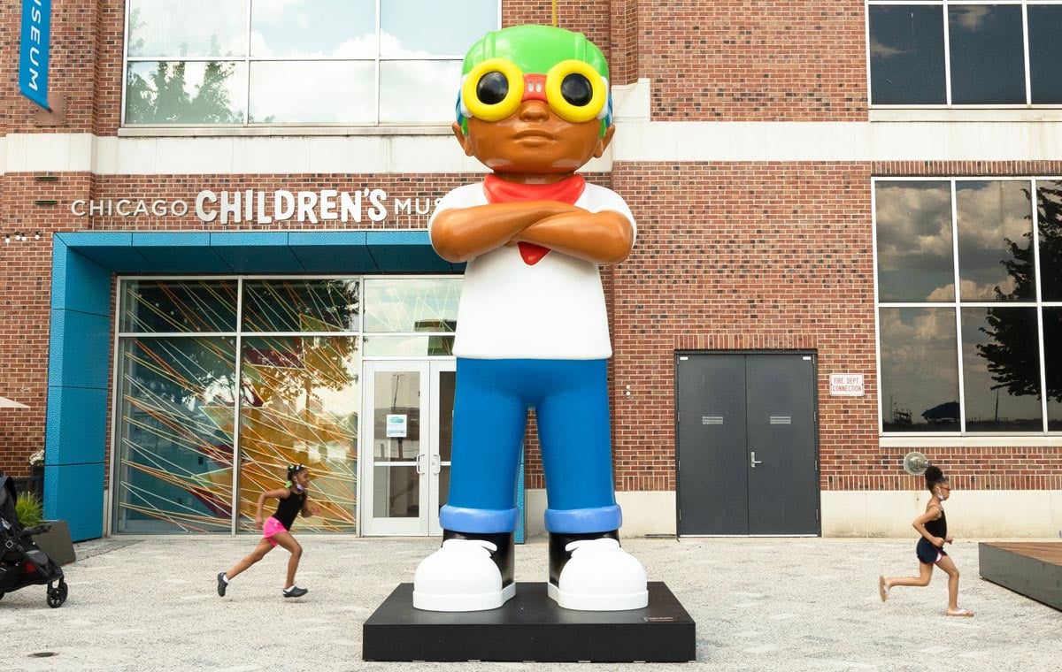 Hebru Brantley Flyboy sculpture outside the Chicago Children's Museum