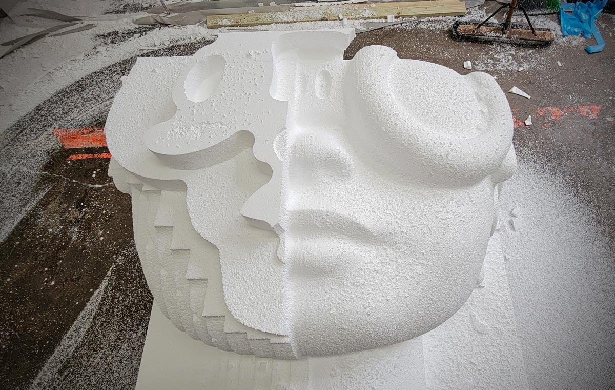 The face of Flyboy, in process of being CNC sculpted from foam. Foam sculptures are useful for large scale art installations