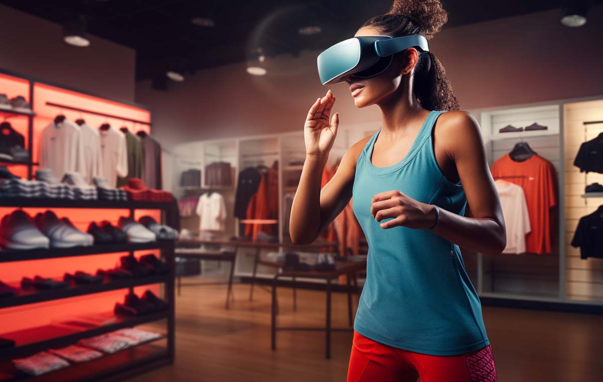 Woman wearing VR glasses in an experiential retail environment