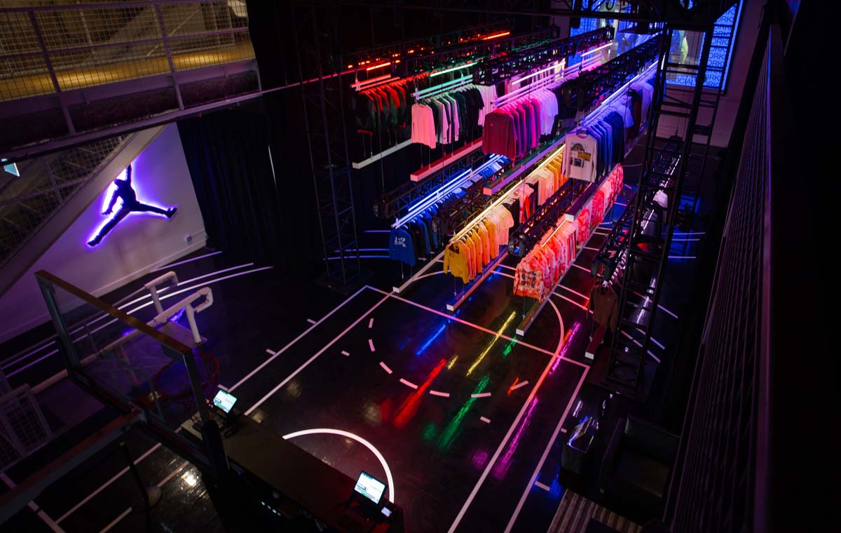 The Jordan Store exemplifies interactive retail with a basketball court-themed interior